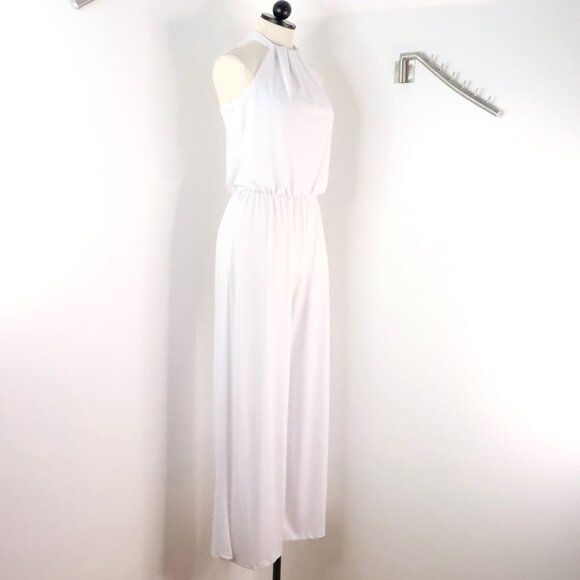 New Body Central Women's L Y2K White Stretch Wide Leg Halter Tie Neck Jumpsuit - Picture 2 of 12